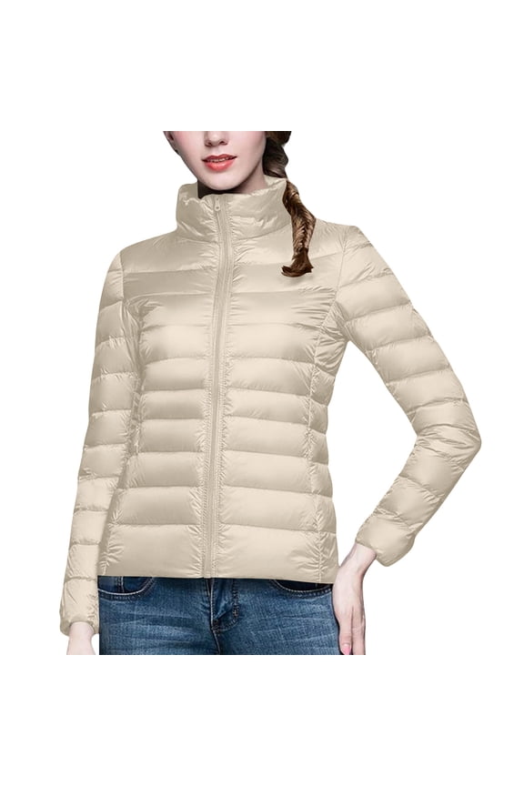 Women's Packable Puffer Jacket Stand Collar Slim Fit Lightweight Quilted Padded Coats Winter Warm Jacket with Pockets