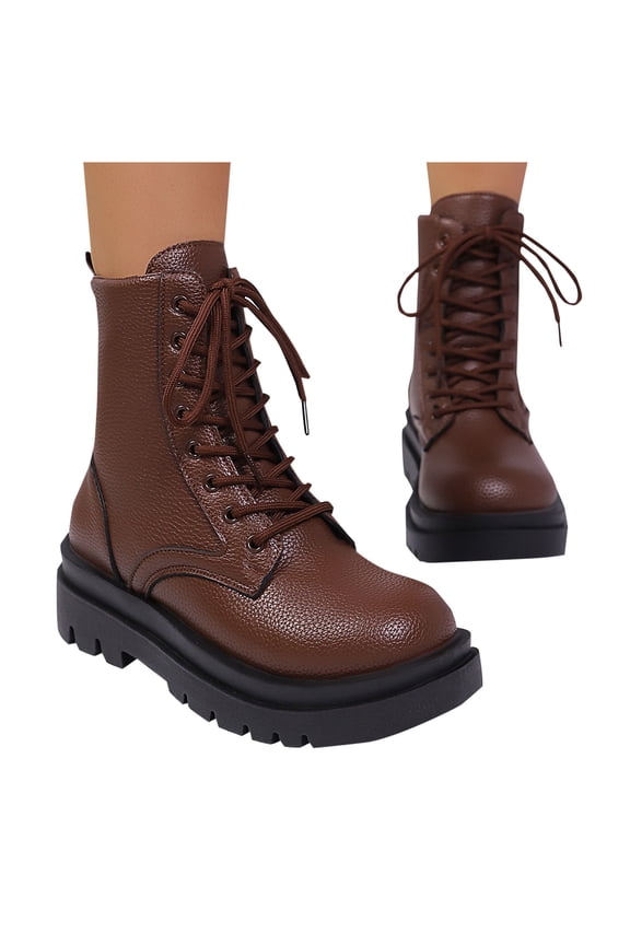 Women's Platform Mid Booties with Lace Up Casual Round Toe Low Block Heel Ankle Boots