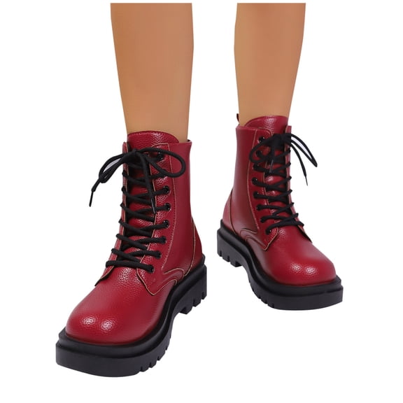 purcolt Women's Platform Mid Booties with Lace Up Casual Round Toe Low Block Heel Ankle Boots