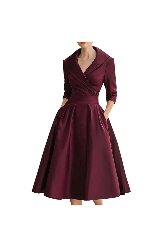 Women's Plus Size Dresses Long Sleeve V-Neck Lapel Long Dresses Casual Elegant Work Office Business Wedding Guest Party Dresses with Pockets