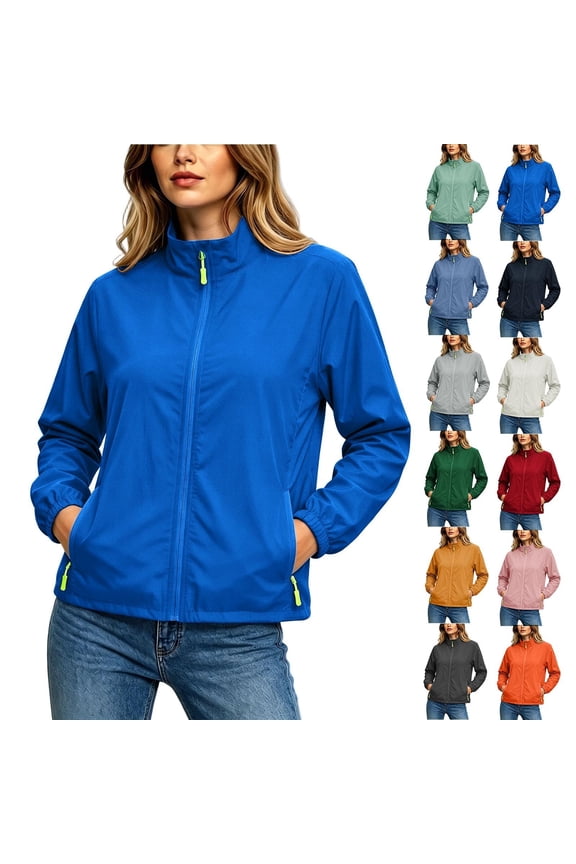 Women's Plus Size Jackets Full Zip Stand Collar Quick Dry Windbreaker Waterproof Jackets Casual Lightweight Outdoor Running Coat with Pockets