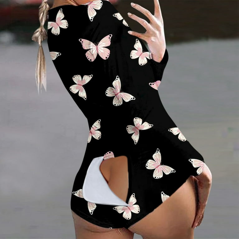 Female Nightwear Floral Print Deep V-Neck Long Sleeve Jumpsuit Bodysuit  Pajamas for Women( S/M/L/XL/XXL) 
