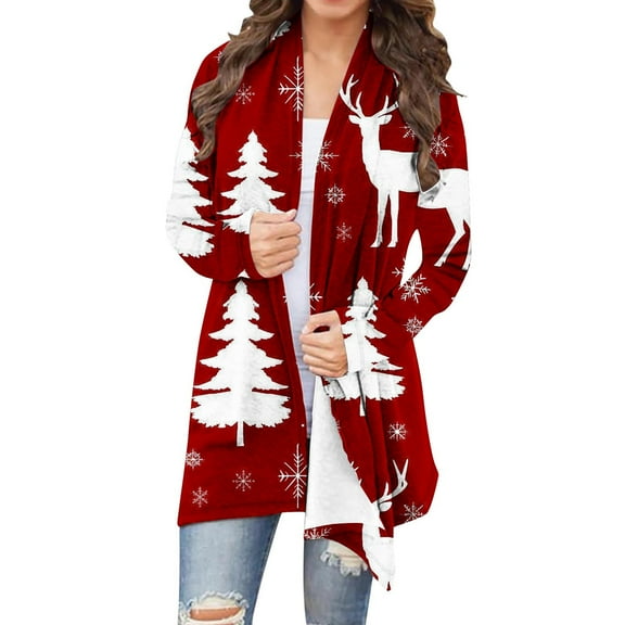 purcolt Women's Plus Size Ugly Christmas Sweater Long Sleeve Xmas Graphic Open Front Kimono Cardigans Soft Funny Xmas Knitted Coat Outwear
