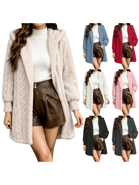 Women's Plush Fleece Coats Open Front Long Sleeve Cable Embossed Hooded Cuffed Midi Jackets Casual Thick Warm Winter Loungewear Cardigan Coat