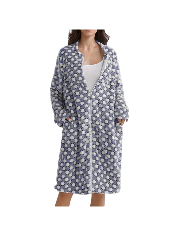 Women's Plush Fleece Pajamas Dress Full Zip Long Sleeve Mock Neck Dot Textured Midi Dress Casual Soft Comfy Warm Winter Loungewear Robe House Coat