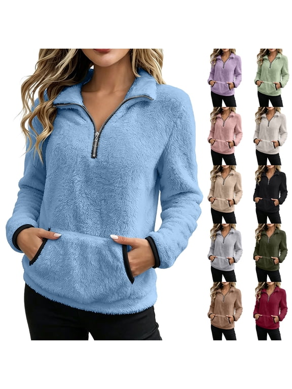 Women's Plush Fleece Sweatshirts Half Zip Long Sleeve Stand Collar Pullover Shirts Casual Soft Comfy Warm Winter Sweatshirt with Kangaroo Pocket