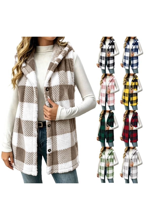 Women's Plush Fleece Vest Button Down Sleeveless Plaid Hooded Vest Casual Warm Winter Thick Jackets with Pockets