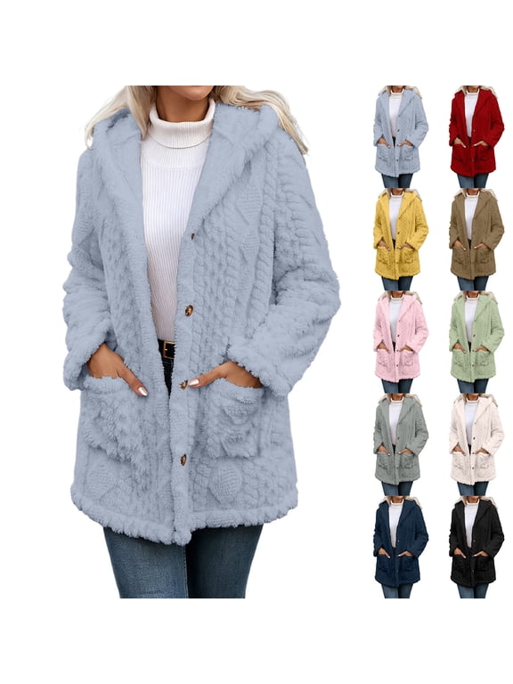 Women's Plush Fleeve Coats Button Down Long Sleeve Cable Embossed Mid Length Hooded Jackets Casual Soft Warm Winter Jackets with Pockets
