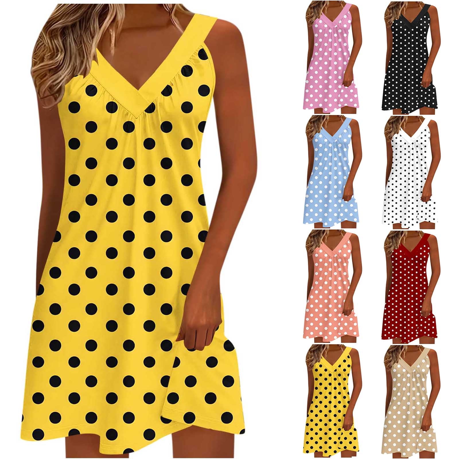 purcolt Women's Polka Dots V Neck Tank Dress Sleeveless Summer A Line ...