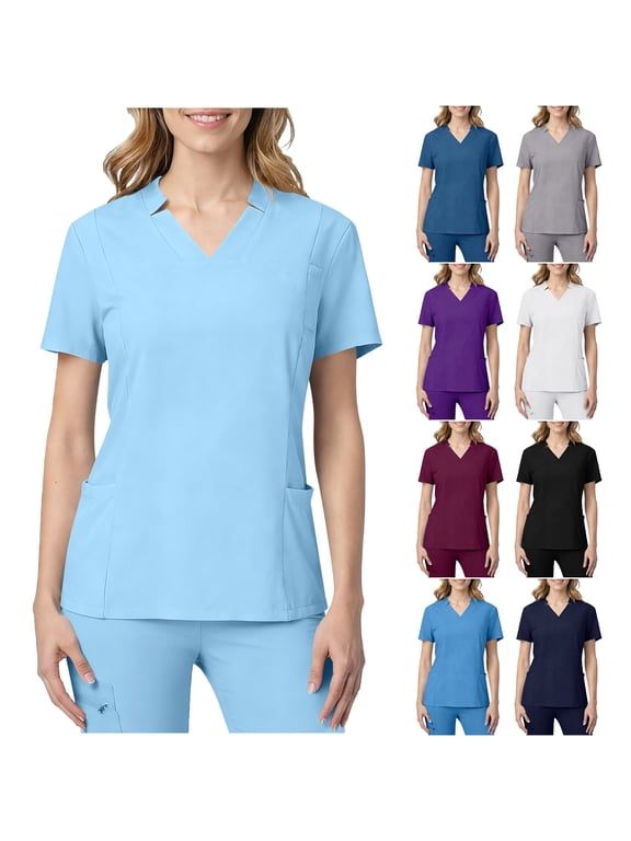 Women's Scrub Tops Short Sleeve Notch V-Neck Tunic Shirts Casual Breathable Stretch Medical Work Shirts with Multi Pockets