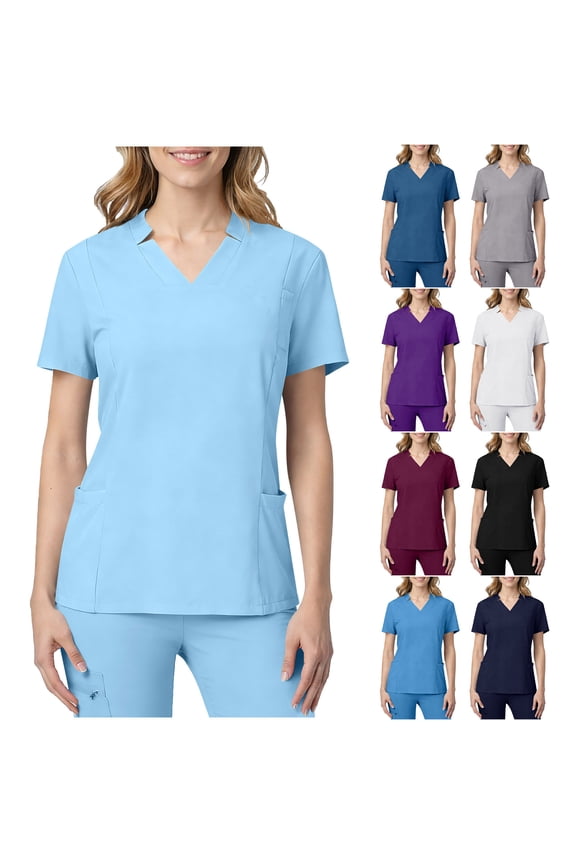 Women's Scrub Tops Short Sleeve Notch V-Neck Tunic Shirts Casual Breathable Stretch Medical Work Shirts with Multi Pockets