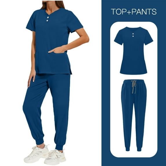 purcolt Women's Scrubs Set Short Sleeve Two Button V-Neck Scrubs Top & Elastic High Waist Drawstring Jogger Pants Medical Scrubs Set with Pockets
