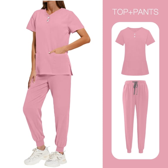 purcolt Women's Scrubs Set Short Sleeve Two Button V-Neck Scrubs Top & Elastic High Waist Drawstring Jogger Pants Medical Scrubs Set with Pockets