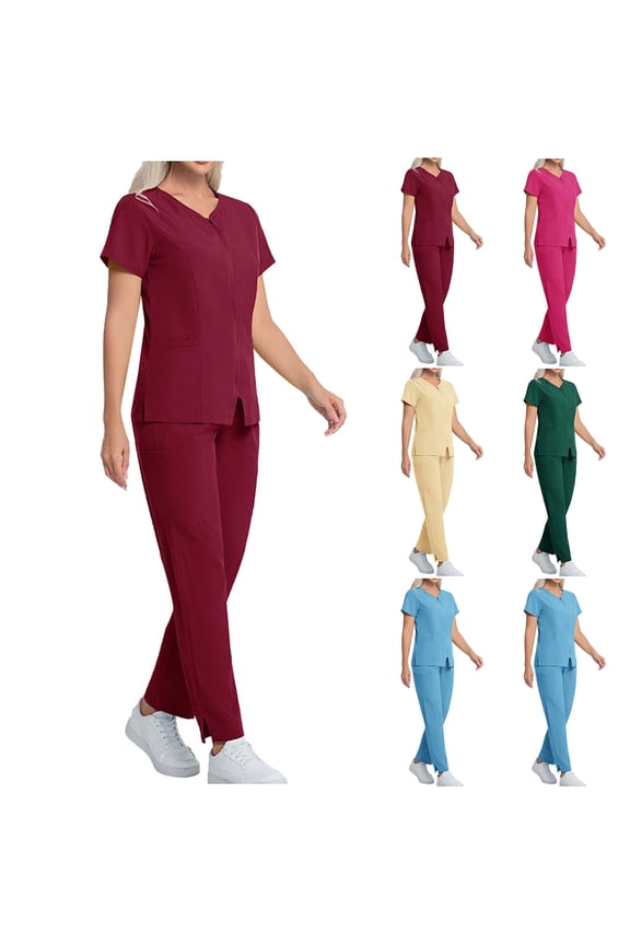 Women's Scrubs Set Zip Up Short Sleeve V-Neck Nurse Uniform Tops High Waist Stretch Pants with Pocket for Nurse Esthetician Workwear