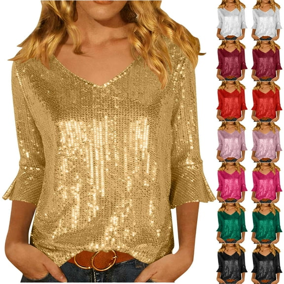 purcolt Women's Sequin Tops Flared 3/4 Sleeves Glitter Dressy Blouses V Neck Sparkly Shirts for Party, Evening, Cocktail