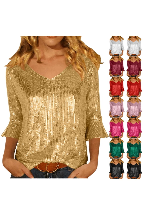 Women's Sequin Tops Flared 3/4 Sleeves Glitter Dressy Blouses V Neck Sparkly Shirts for Party, Evening, Cocktail