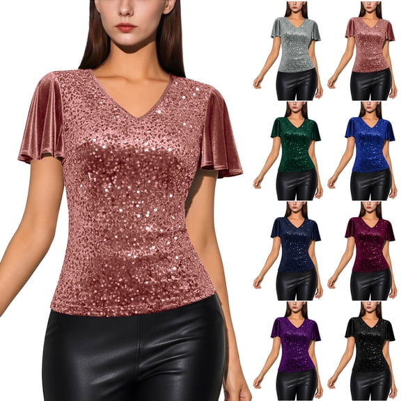Purcolt Women's Sequin Tops Ruffle Sleeves Glitter V Neck Dressy Blouses Sparkly Tops for Cocktail Evening Party Club Concert Shirt