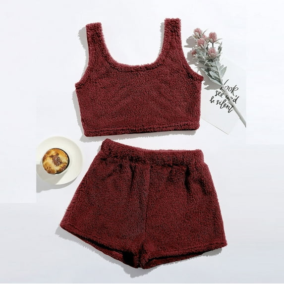purcolt Women's Sexy Fuzzy 2 Piece Sleepwear Outfits Solid Color Casual Sleeveless O-neck Warm Crop Tank Top Pullover + Shorts Set Loungewear Flannel Pajamas Set