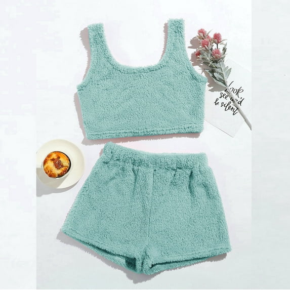 purcolt Women's Sexy Fuzzy 2 Piece Sleepwear Outfits Solid Color Casual Sleeveless O-neck Warm Crop Tank Top Pullover + Shorts Set Loungewear Flannel Pajamas Set