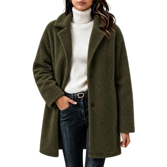 purcolt Women's Sherpa Fuzzy Fleece Jackets Button Down Notched Lapel Mid Trench Coat Casual Warm Winter Cold Weather Pea Coat