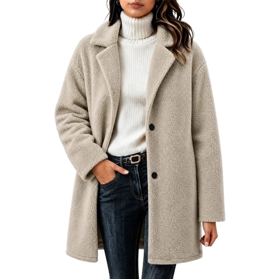 purcolt Women's Sherpa Fuzzy Fleece Jackets Button Down Notched Lapel Mid Trench Coat Casual Warm Winter Cold Weather Pea Coat