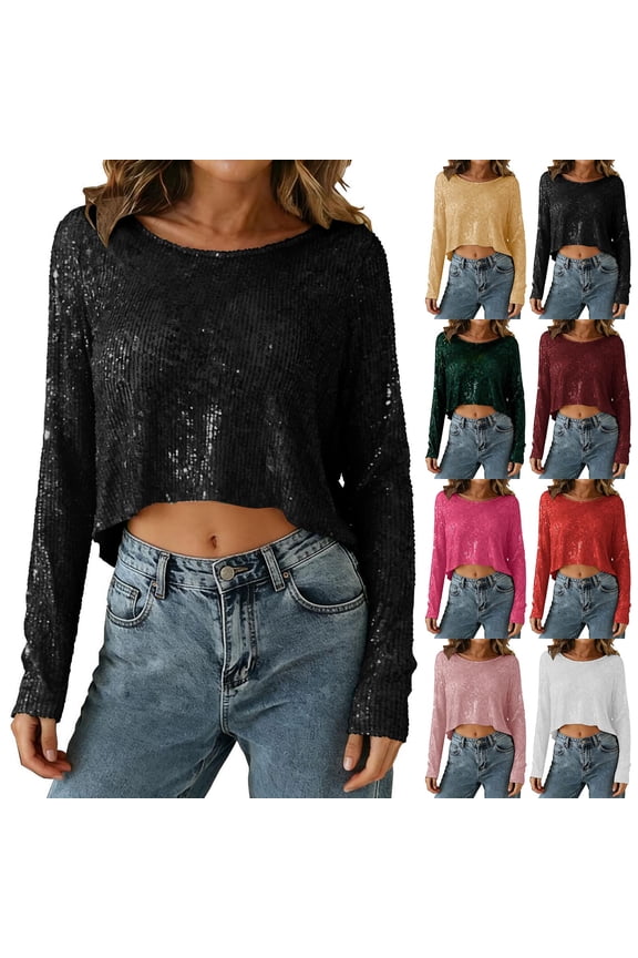 Women's Sparkly Sequin Crop Tops Shiny Glitter Crewneck Long Sleeve Shirts Dressy Casual Loose Fit Blouse for Cocktail Party Club