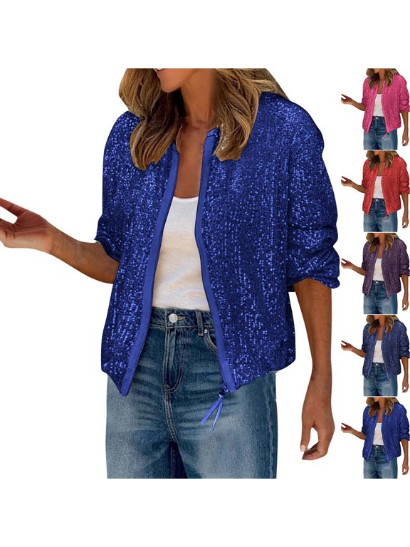 Women's Sparkly Sequin Jacket Casual Zip Up Long Sleeve Glitter Cropped Jacket Spring Outerwear for Work Club Party