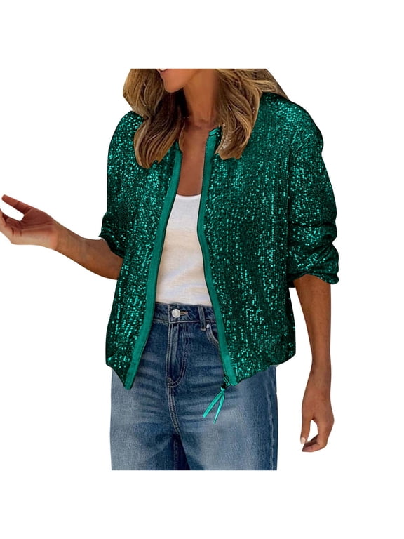 Women's Sparkly Sequin Jacket Casual Zip Up Long Sleeve Glitter Cropped Jacket Spring Outerwear for Work Club Party