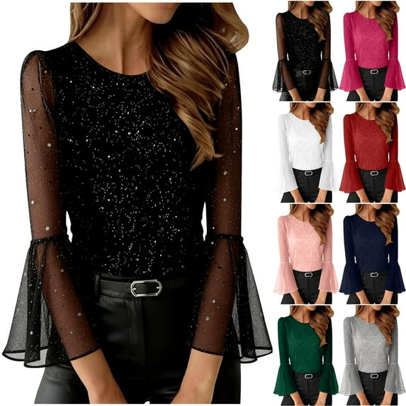 purcolt Women's Sparkly Shirts Mesh Bell Long Sleeve Crew Neck Ruched Fitted Tees Casual Party Going Out Tops