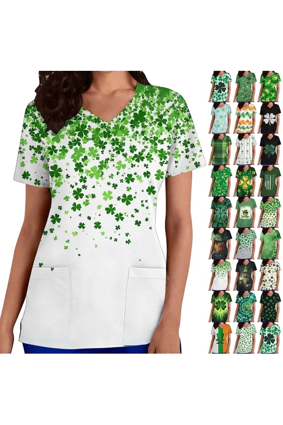 Women's St. Patrick's Scrub Tops Casual V Neck Short Sleeve Medical Uniform Soft Stretch Scrub Shirts with Pockets