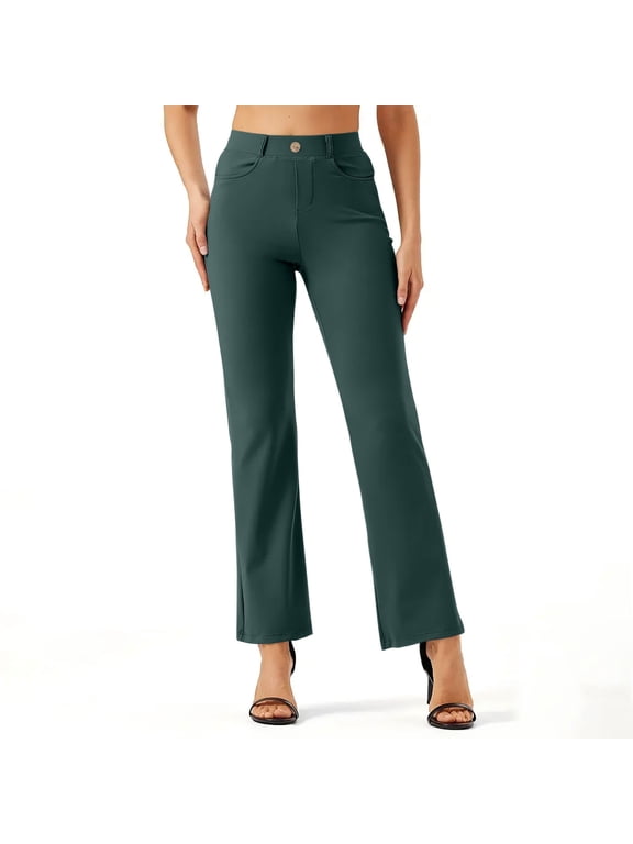 Women's Stretchy Straight Leg Dress Pants Elastic High Waist Lightweight Work Business Office Casual Slacks with Pockets