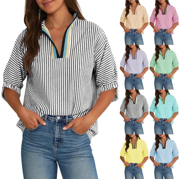 purcolt Women's Striped Blouse Short Sleeve V-Neck Pullover Tops Casual Summer Oversized Loose Fit Golf Shirts