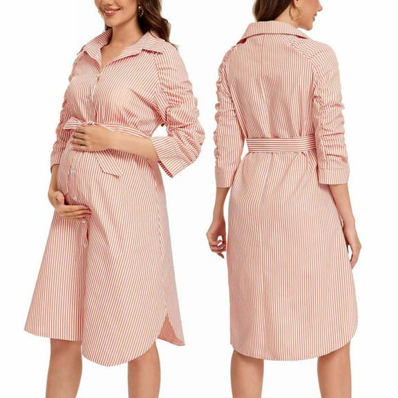 purcolt Women's Striped Maternity Dress 3/4 Sleeve Button Down Belted Pregnancy Clothes for Casual Wear or Baby Shower