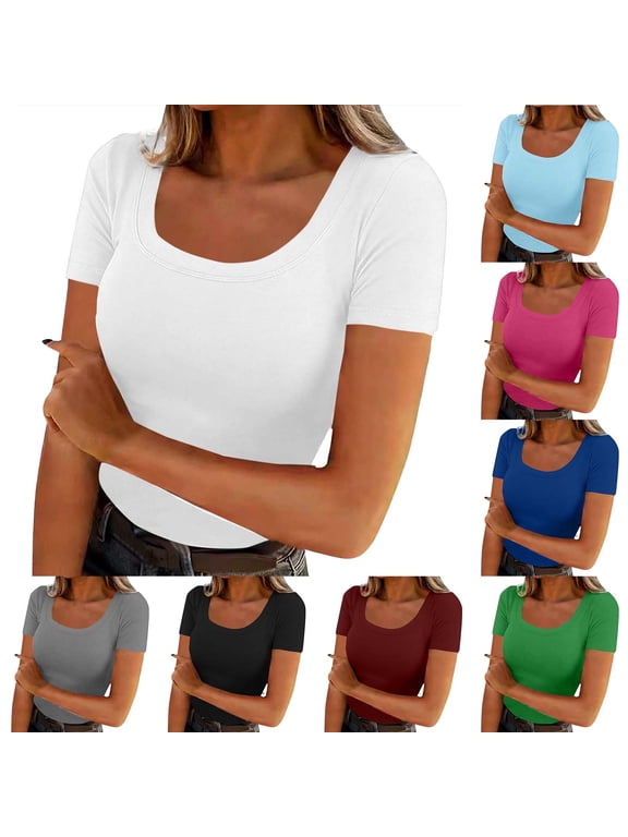 Women's Summer T-Shirts Short Sleeve Scoop Neck Stretchy Shirts Slim Fitted Casual Workout Yoga Basic Tee Shirts
