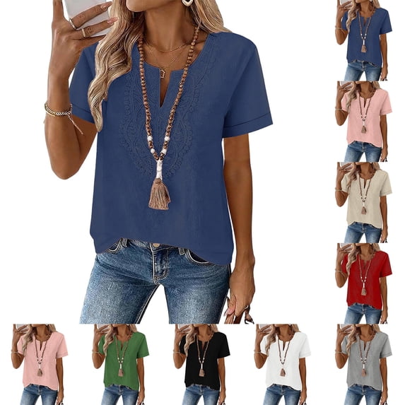 purcolt Women's Summer T-Shirts Short Sleeve V-Neck Solid Color Embroidery Tops Casual Loose Fit Boho Blouses