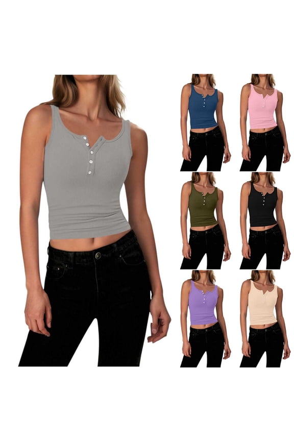 Women's Summer Tank Tops Quarter Button Sleeveless Square Neck T-Shirts Casual Workout Yoga Cropped Ribbed Shirts