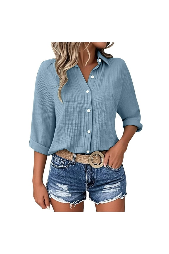 Women's Textured Button Down Shirts Rolled Up 3/4 Sleeve V Neck Collared Casual Tops Summer Fall T Shirts Cute Ladies Tees