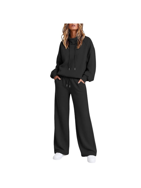 Women's Two Piece Sweatsuits Long Sleeve Drawstring High Neck Sweatshirts Elastic High Waist Wide Leg Pants Casual Sports Lounge Tracksuit Sets