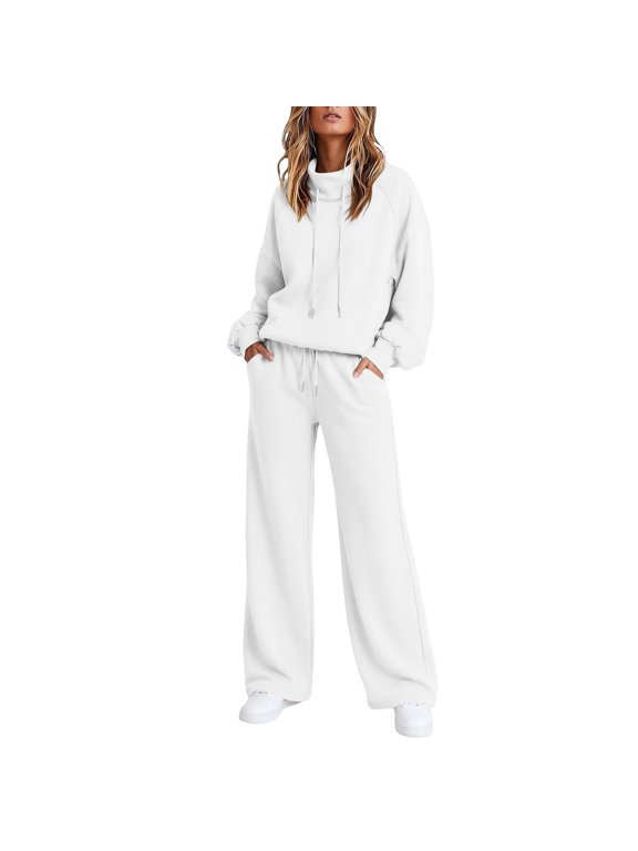 Women's Two Piece Sweatsuits Long Sleeve Drawstring High Neck Sweatshirts Elastic High Waist Wide Leg Pants Casual Sports Lounge Tracksuit Sets