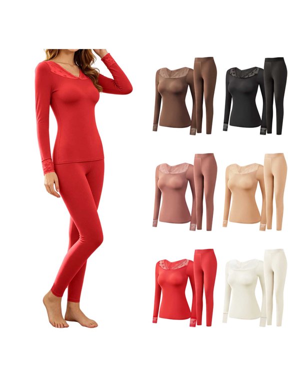 Women's Underwear Set Fleece Lined Long Sleeve Lace Neck Shirts and High Waist Leggings Casual Warm Winter Cold Weather Ski Snow Base Layer Thermal Set