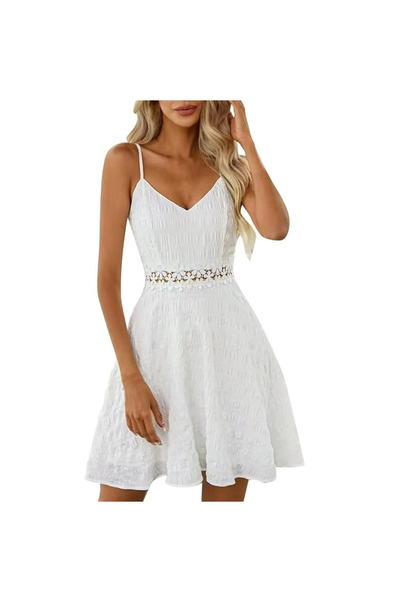 Women's V Neck Boho Sundresses Spaghetti Straps Sleeveless Lace Swing Mini Dress Summer Vacation Wedding Guest Dresses