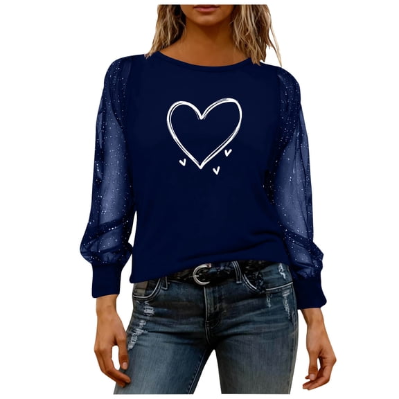 purcolt Women's Valentine's Day Tops Casual Crew Neck Mesh Long Sleeve Shirts Cute Heart Graphic Tee Tops Tunic Blouses