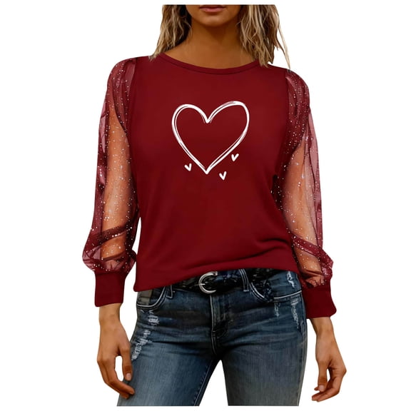 purcolt Women's Valentine's Day Tops Casual Crew Neck Mesh Long Sleeve Shirts Cute Heart Graphic Tee Tops Tunic Blouses