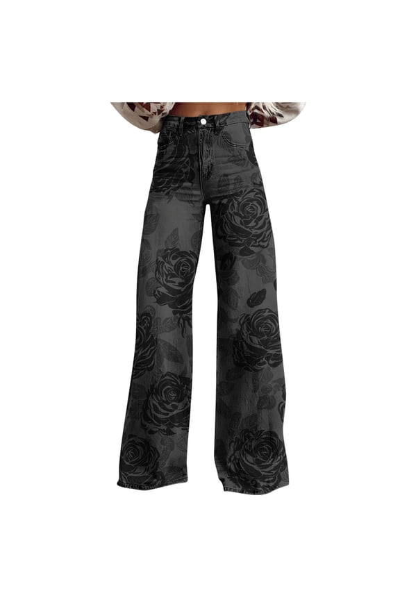 Women's Vintage Floral Printed Boho Jeans High Waist Wide Leg Denim Pants Casual Baggy Jeans Streetwear with Pockets