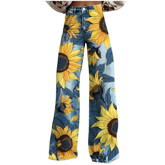 purcolt Women's Vintage Floral Printed Boho Jeans High Waist Wide Leg Denim Pants Casual Baggy Jeans Streetwear with Pockets