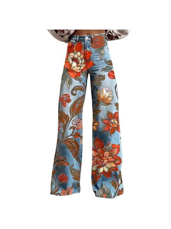 Women's Vintage Floral Printed Boho Jeans High Waist Wide Leg Denim Pants Casual Baggy Jeans Streetwear with Pockets