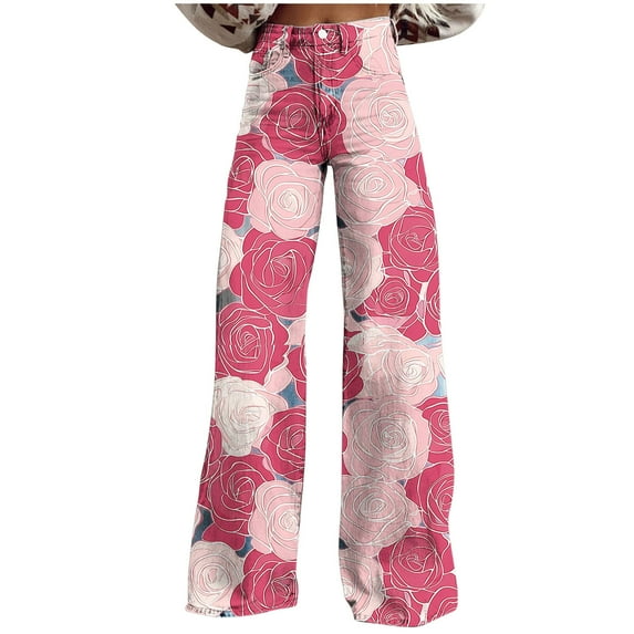 purcolt Women's Vintage Floral Printed Boho Jeans High Waist Wide Leg Denim Pants Casual Baggy Jeans Streetwear with Pockets
