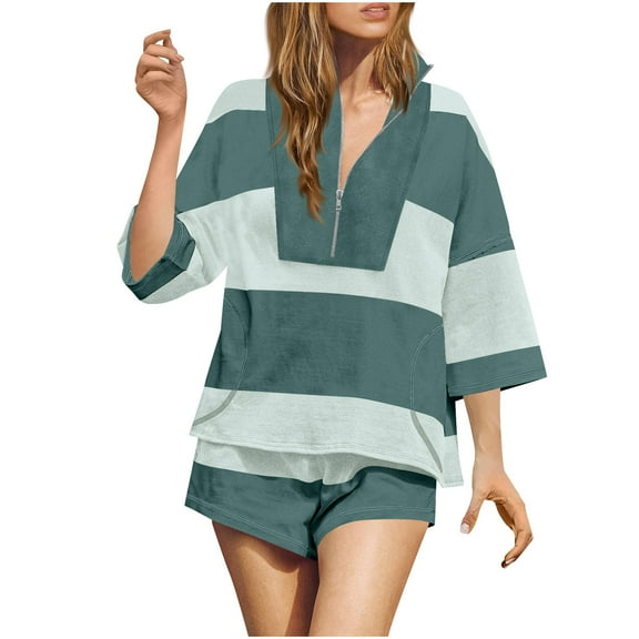 purcolt Womens 2 Piece Tennis Workout Sets Summer Outfits Half Zipper 3/4 Sleeve Oversized T-Shirts with Shorts 2025 Two Piece Matching Lounge Set