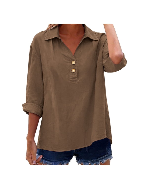 Womens 3/4 Length Sleeve Shirts Cotton Linen V Neck Collared T Shirts Business Casual Loose Fit Tunic Tops Blouses