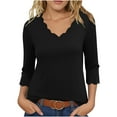 thumbnail image 1 of purcolt Womens 3/4 Length Sleeve Tops Scalloped V Neck Tee Shirts Solid Basic Tops Dressy Casual Work Tunic Blouses(Black, S), 1 of 6